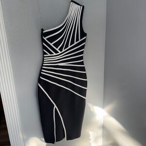 F & P Paris One Shoulder Dress Bodycon Black White Women's Medium